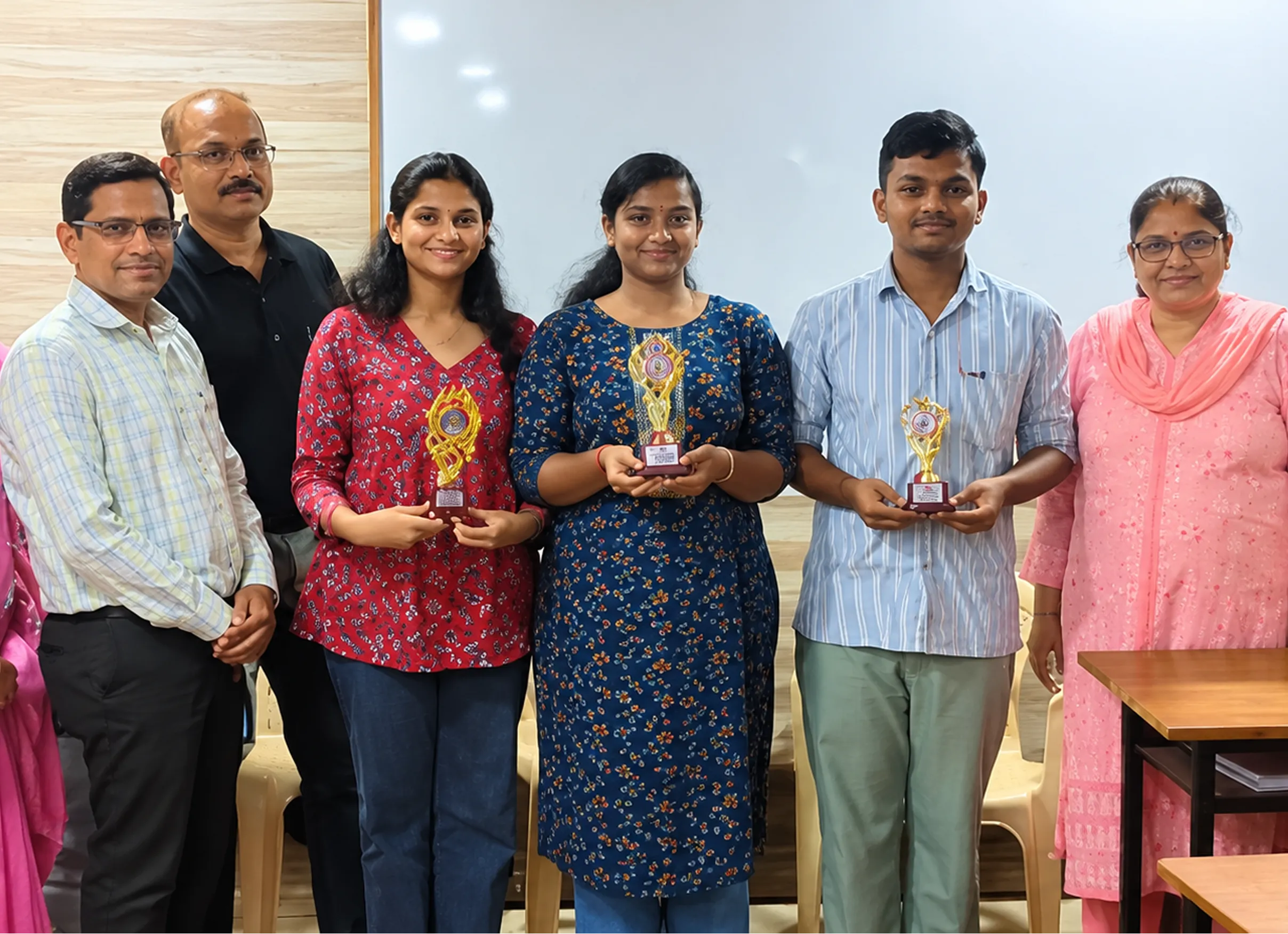 CPE students holding award trophies alongside faculty