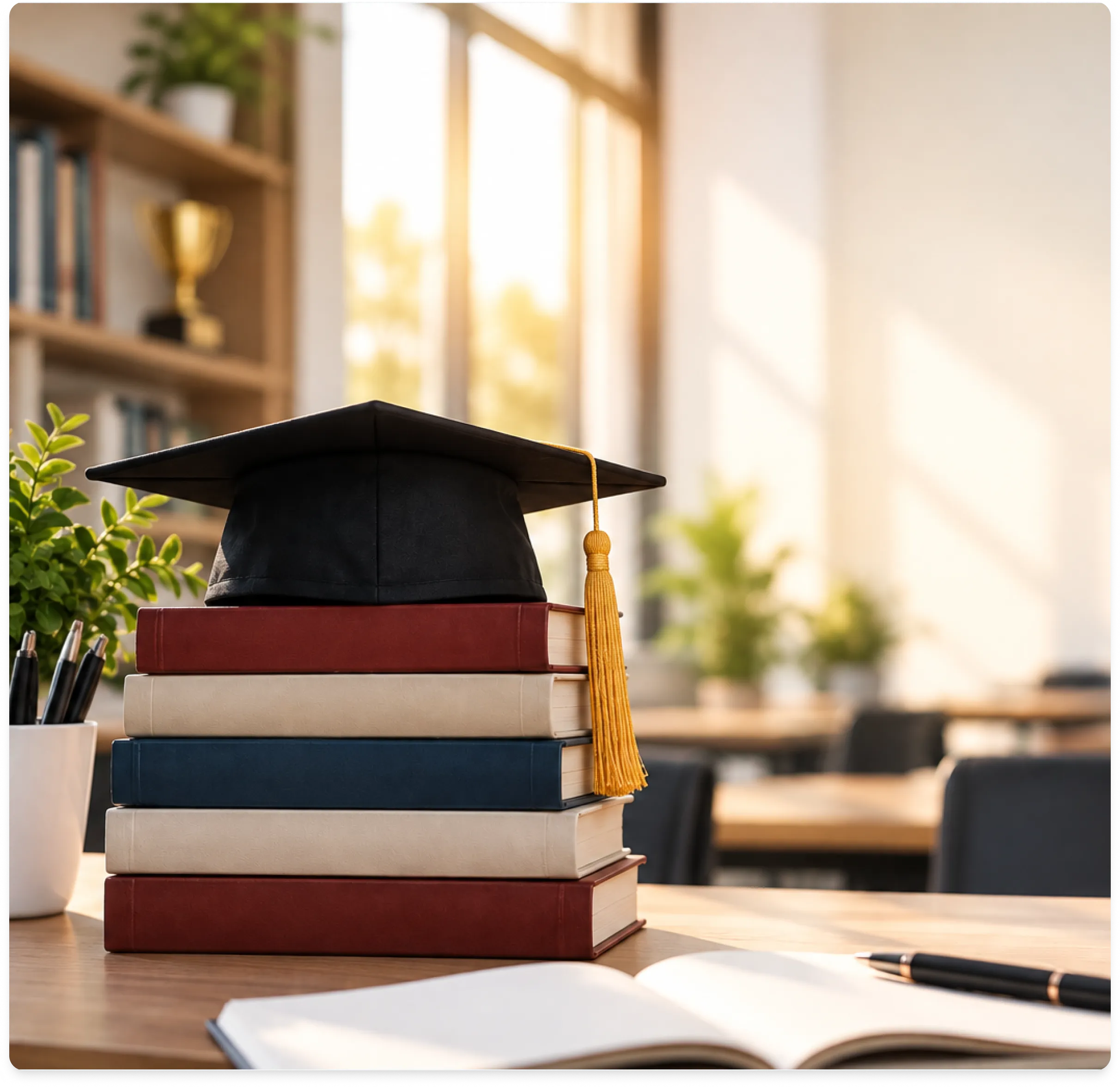 Graduation cap and books in a sunlit classroom